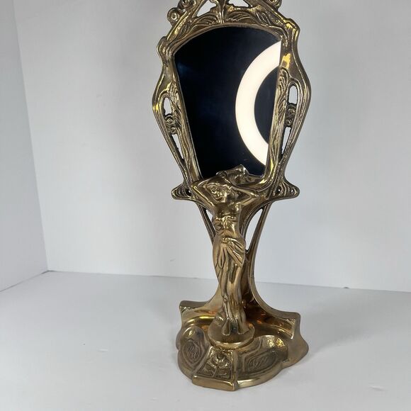 hand held Mirror Stand with Lady Figurine Nouveau cast Brass 11- 7/8" tall - Picture 3 of 15